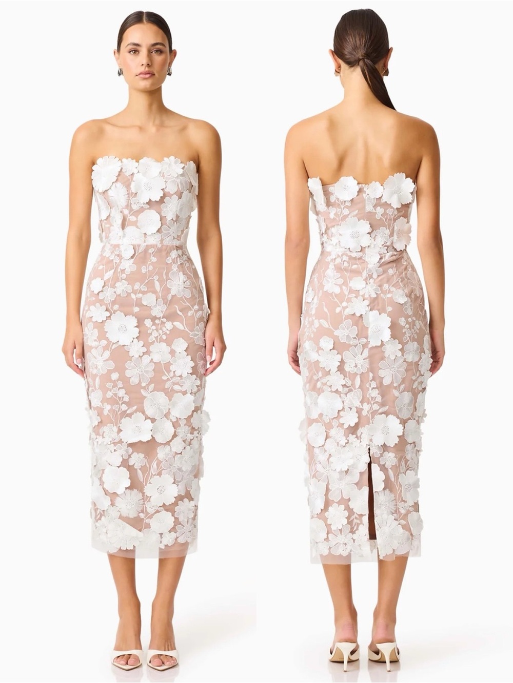 NEW NWT Elliatt Helena Strapless Midi Dress In Ivory Floral Appliqués